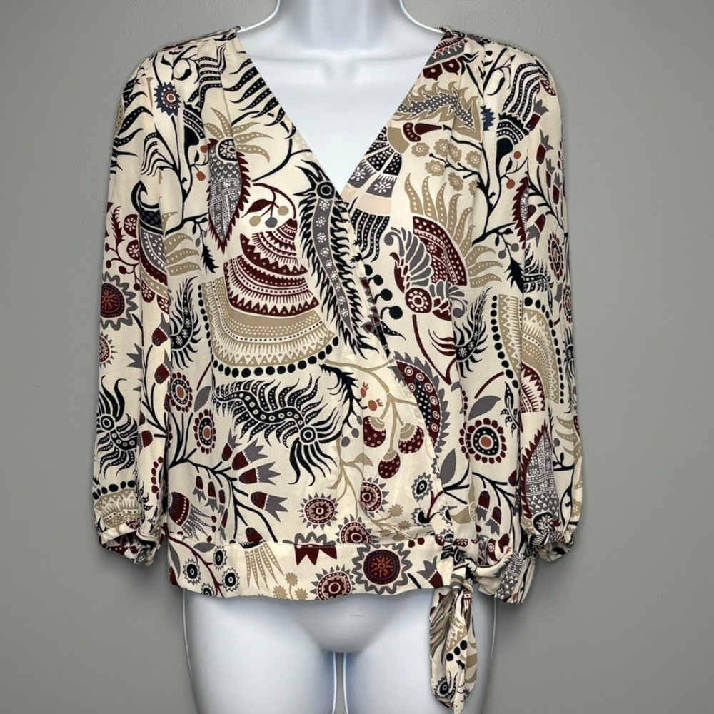 NWT Loft Ivory Burgundy Paisley Floral Lightweight Faux Wrap Blouse Sz S Petite